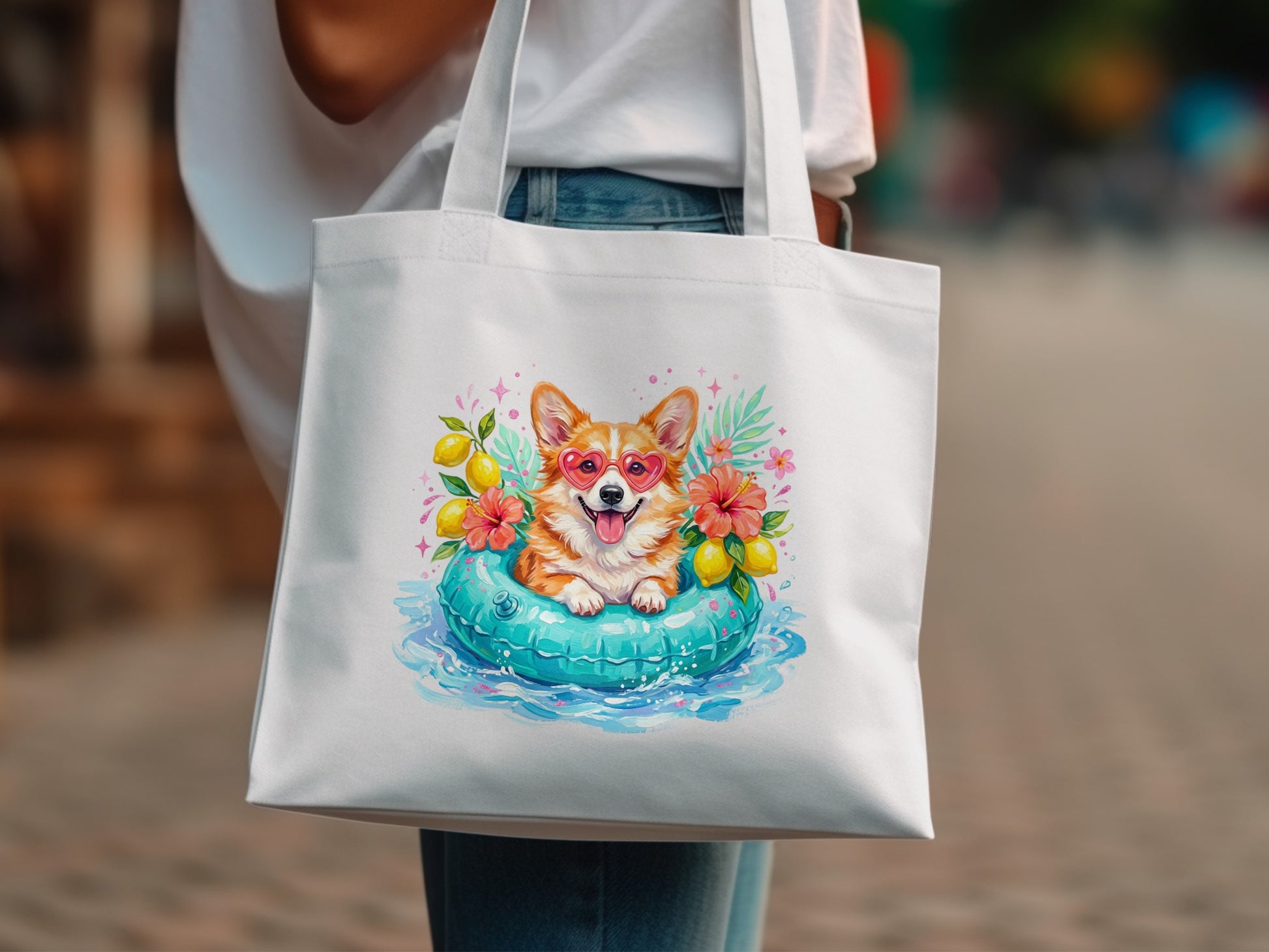Corgi in inflatable ring with lemons and flowers, on a white tote bag.
