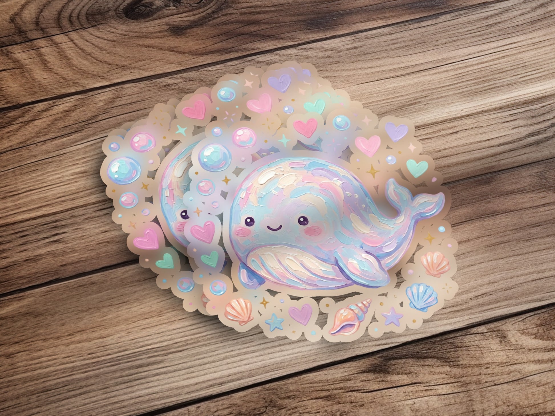 Kawaii whale with hearts and bubbles, pastel colors on wooden background.