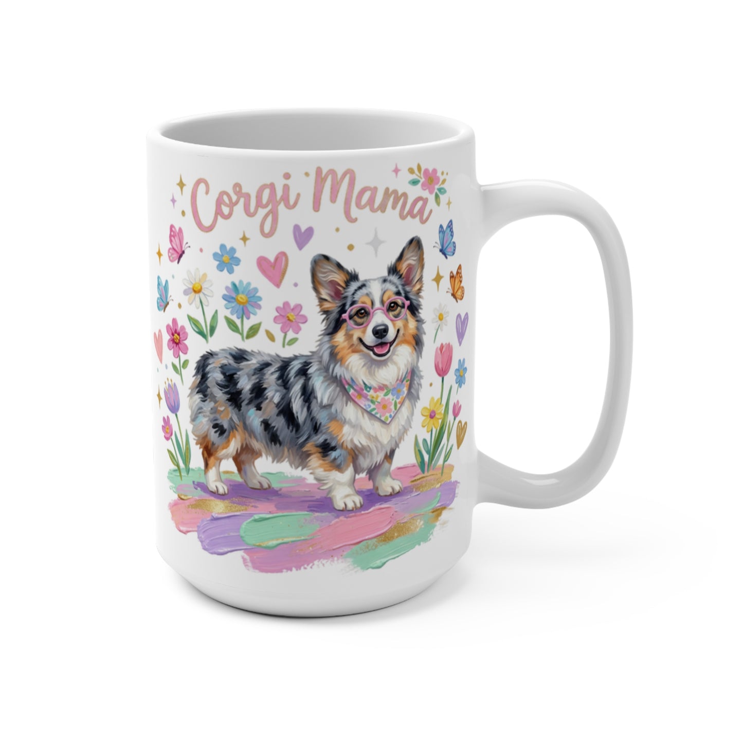 Mug with Corgi Mama text and watercolor Corgi dog illustration.