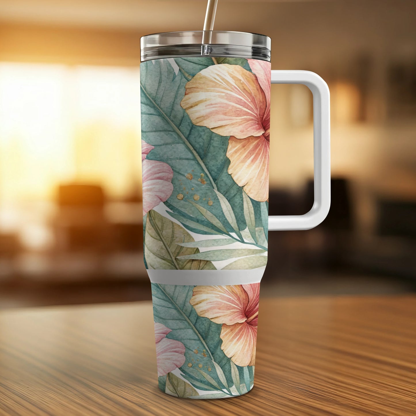 Tropical floral tumbler with handle and straw on a wooden surface.