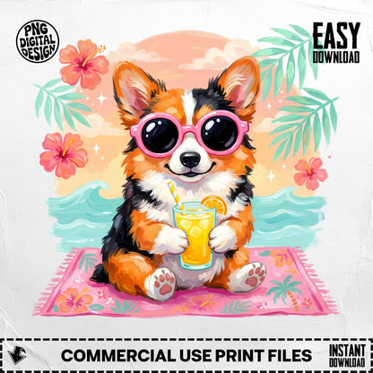 Corgi wearing sunglasses holds a drink on a beach blanket.