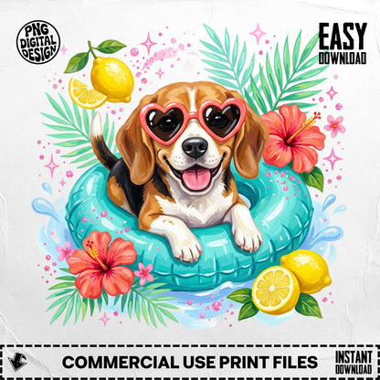 Beagle dog in heart sunglasses on inner tube with hibiscus flowers and lemons.