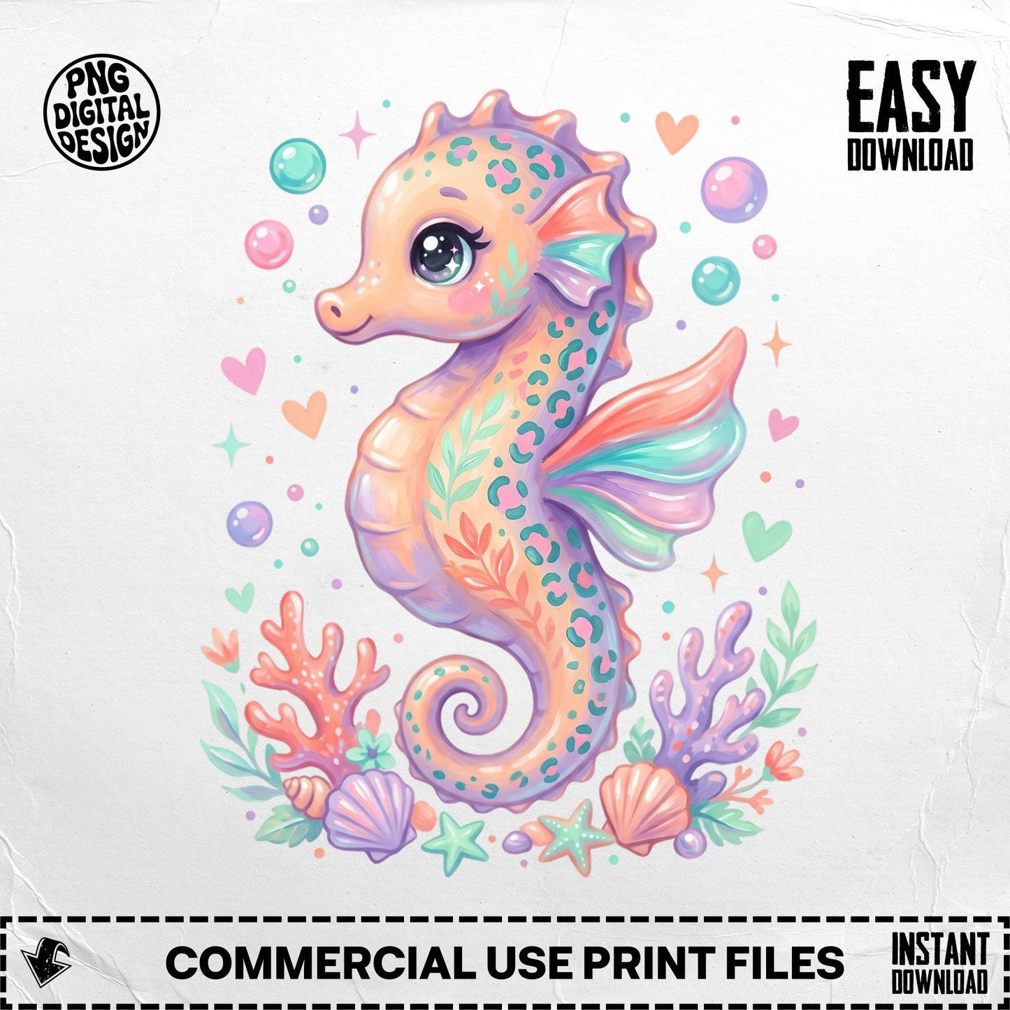 Cartoon seahorse with bubbles, coral, and seashells.