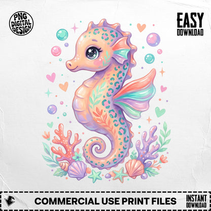 Cartoon seahorse with bubbles, coral, and seashells.