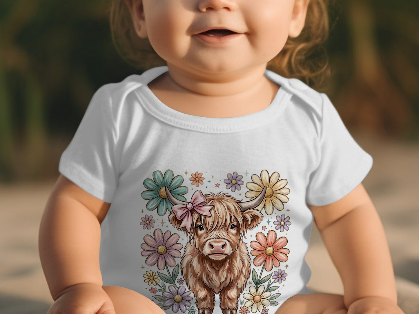Baby wearing white onesie with a Highland cow and floral design.