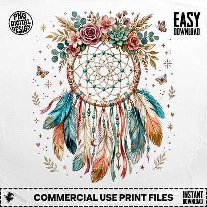 Bohemian dreamcatcher with feathers, flowers, and butterflies, with "Easy Download" text.