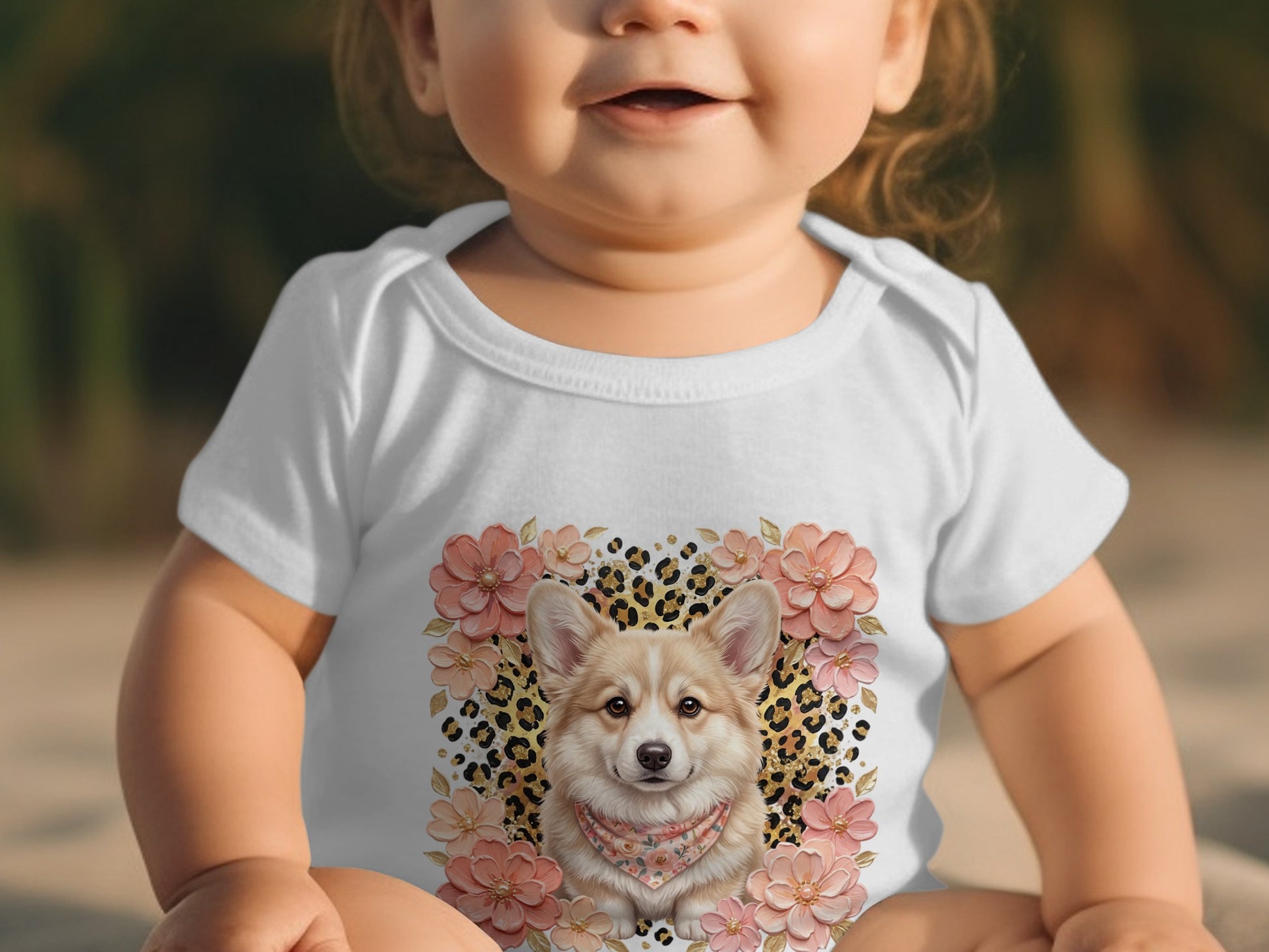Baby in white onesie with corgi and floral print.