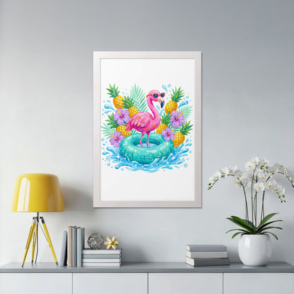 Flamingo in inner tube surrounded by flowers and pineapples.