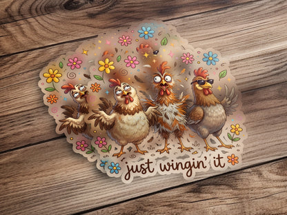 Four cartoon chickens with flowers and text "just wingin' it".