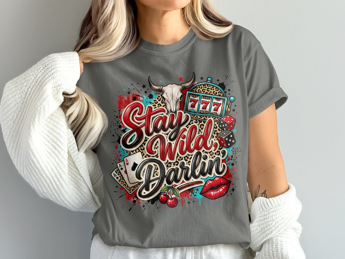 Grey t-shirt with "Stay Wild Darlin'" text and gambling icons like dice, cherries, and a bull skull.