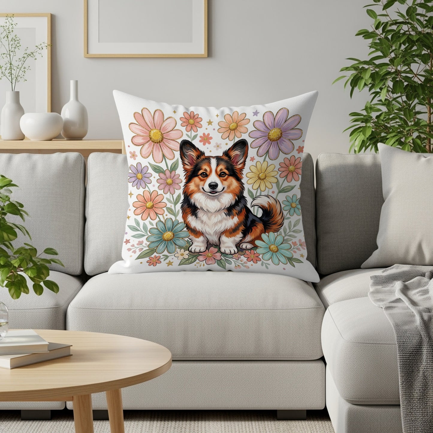 Pembroke Welsh Corgi with colorful flowers on a decorative pillow.