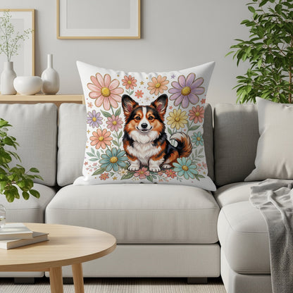 Pembroke Welsh Corgi with colorful flowers on a decorative pillow.