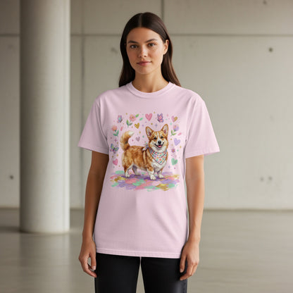 Pink t-shirt with a corgi wearing a bandana surrounded by hearts and flowers.