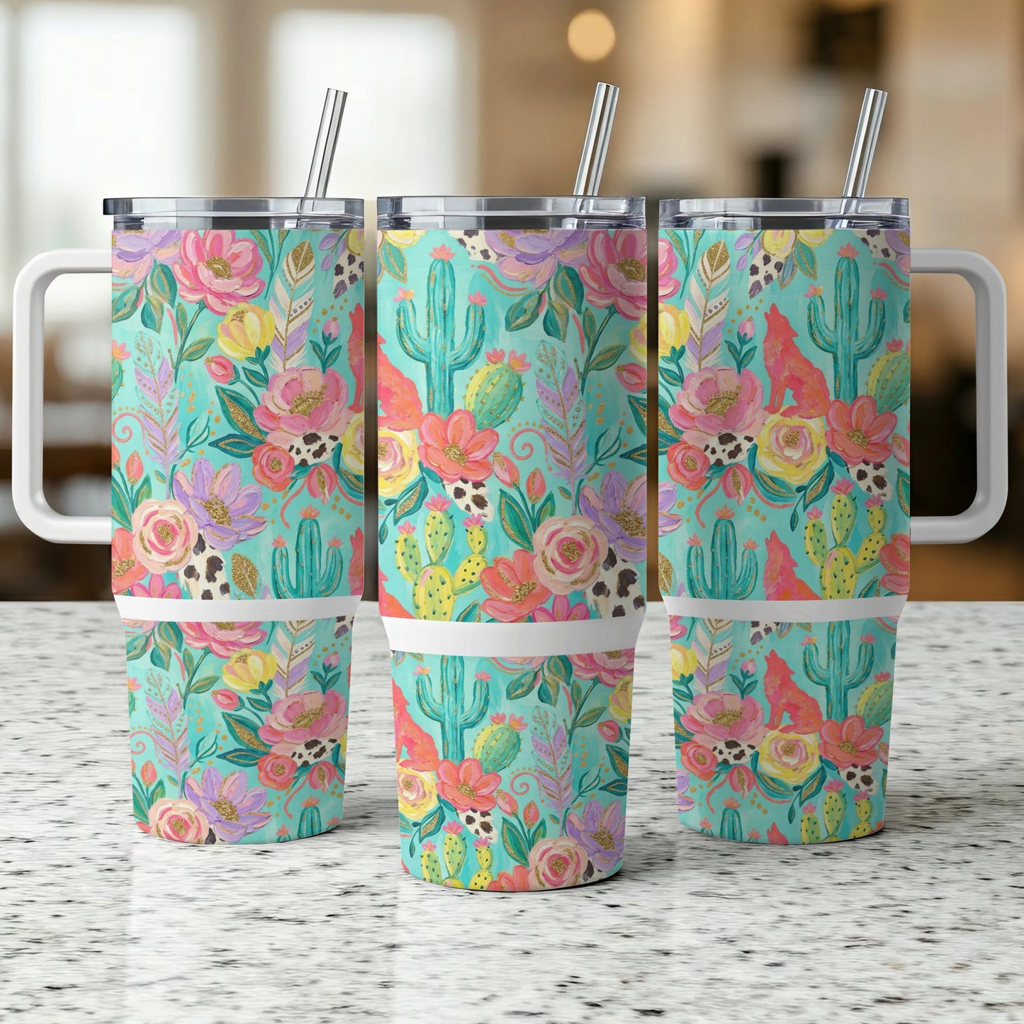 Three turquoise tumblers with floral and cactus patterns and white handles.