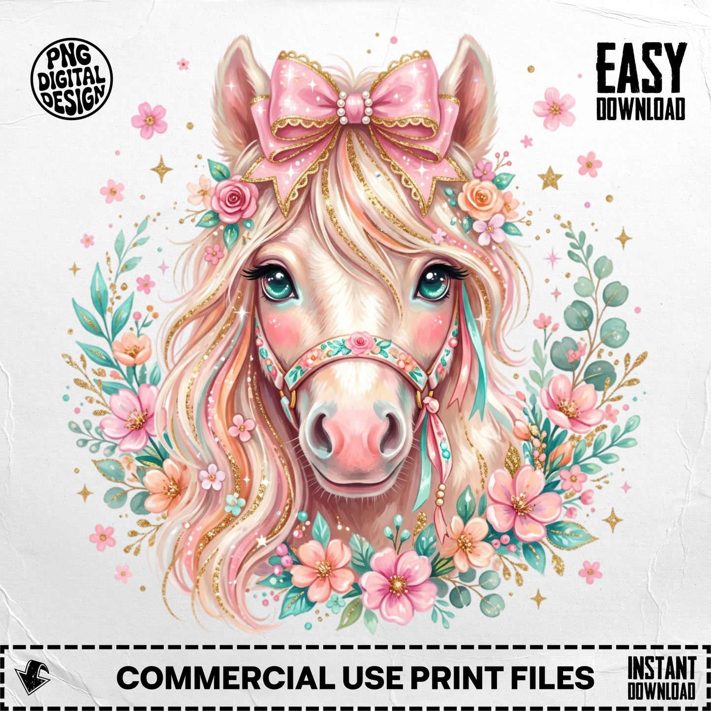 Pink horse with floral wreath, bow, and "Easy Download" text.