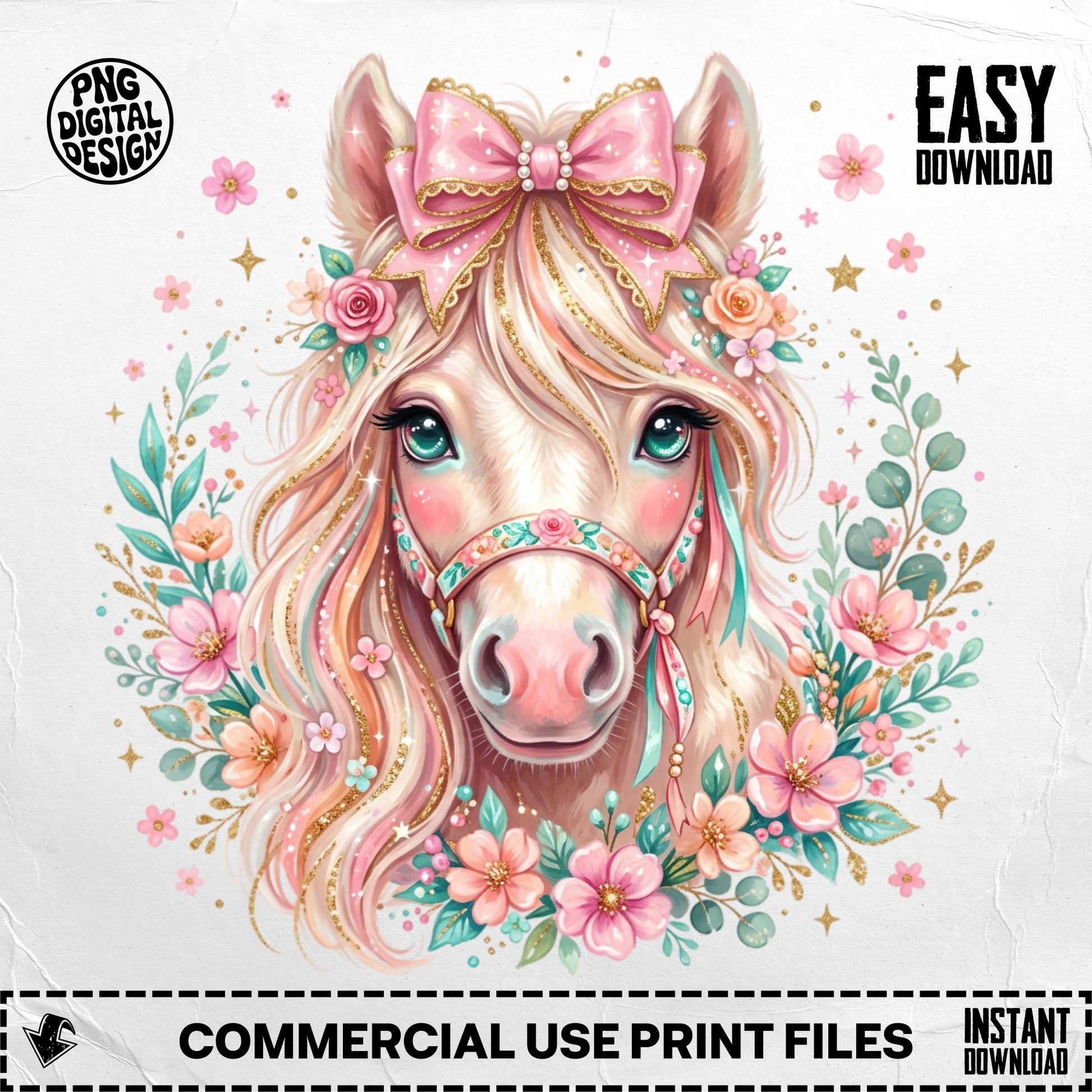 Pink horse with floral wreath, bow, and "Easy Download" text.