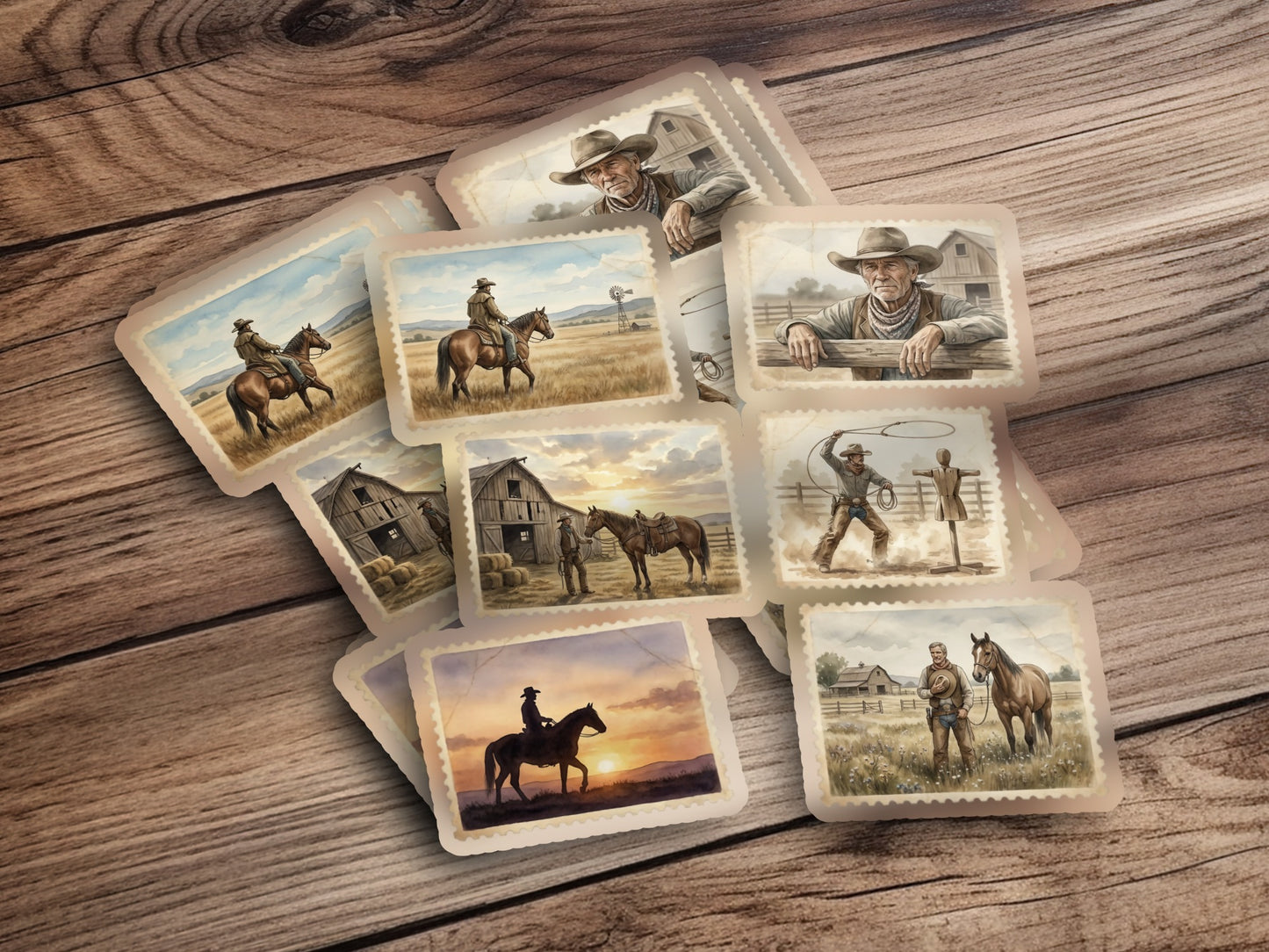 Collection of vintage-style cowboy and horse postage stamps on wooden background.
