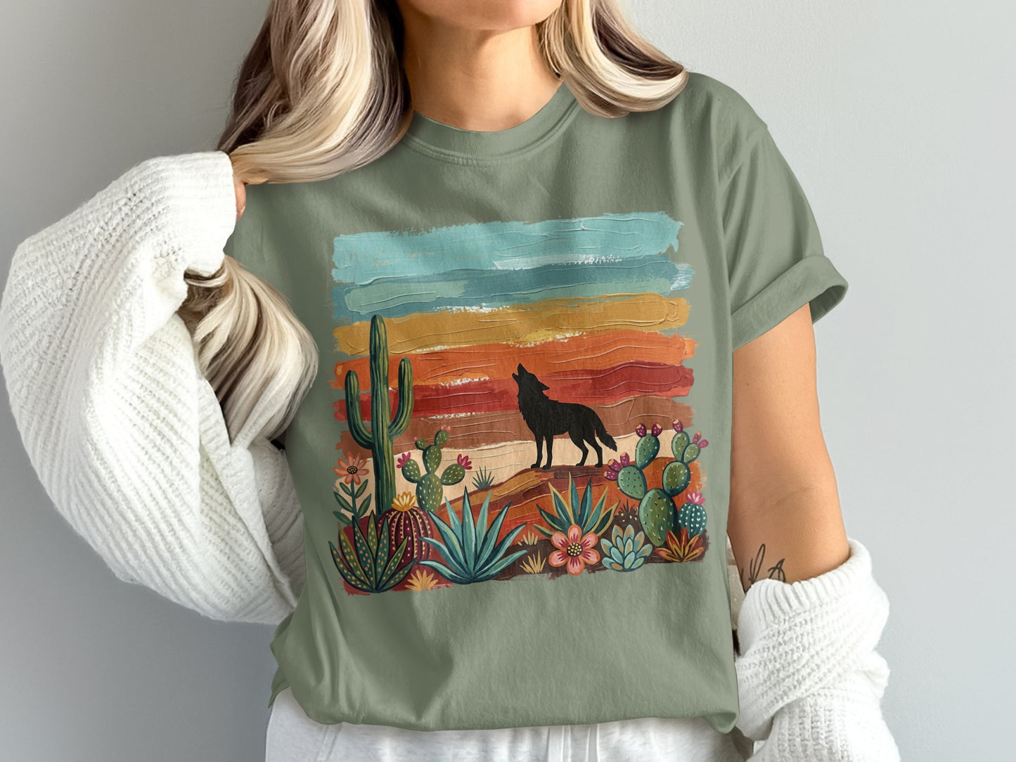 Wolf howling at colorful striped sunset with cacti and desert plants.