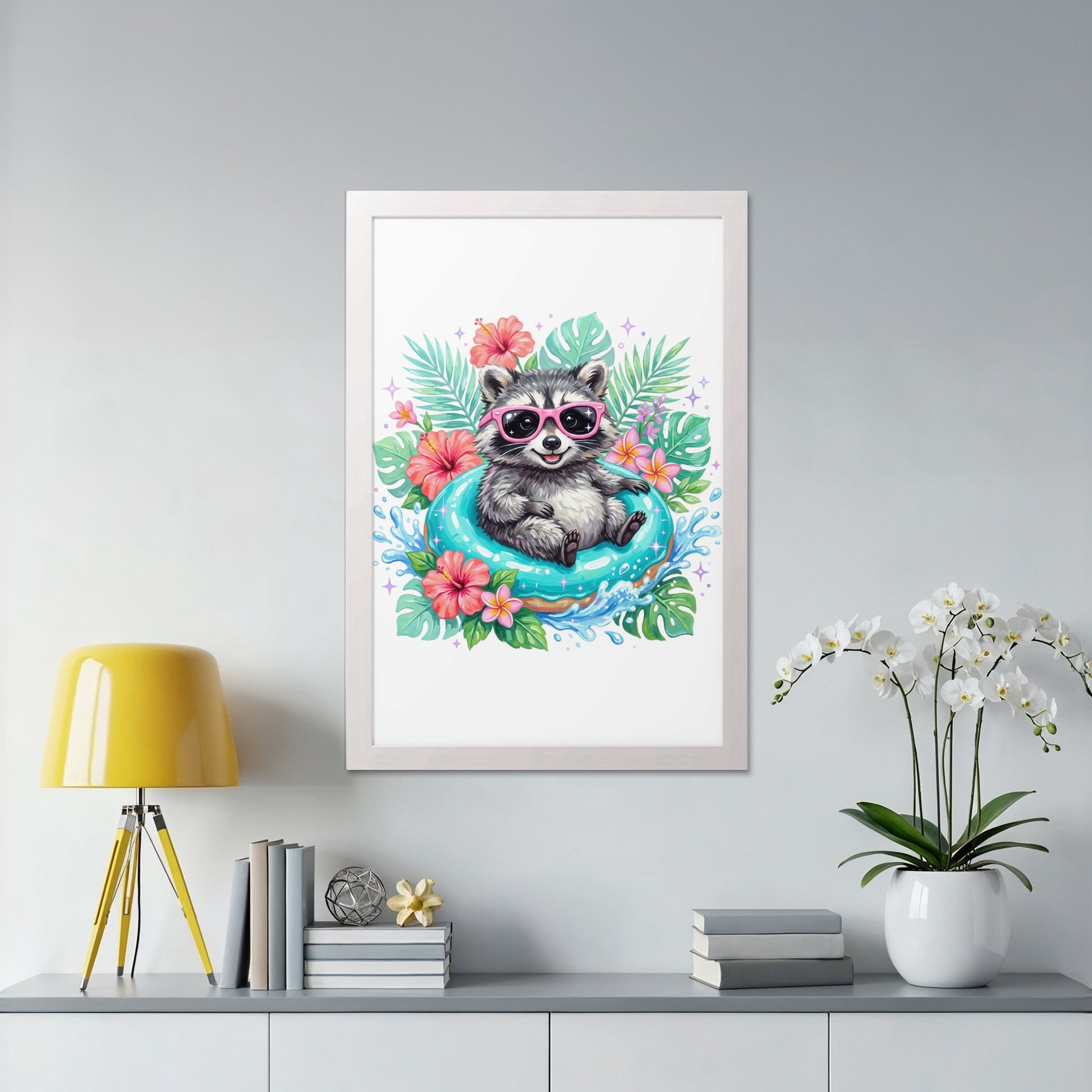 Illustration of a smiling raccoon in sunglasses floating in a pool ring.