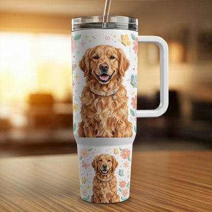 Golden Retriever with flowers and butterflies on a travel tumbler.