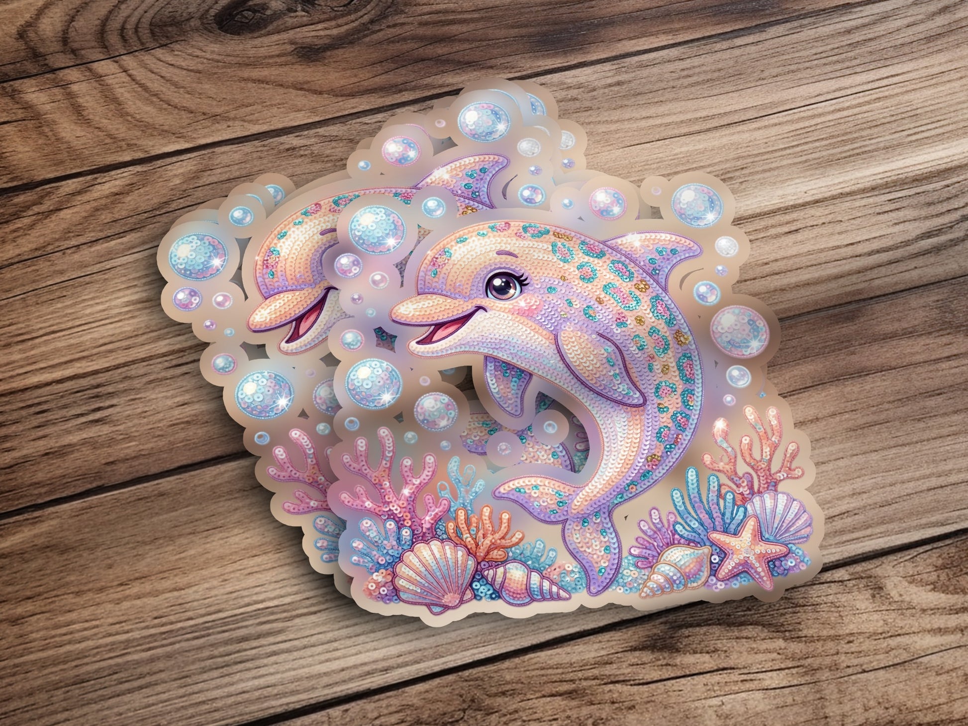 Two cartoon dolphins with colorful scales surrounded by seashells and coral.
