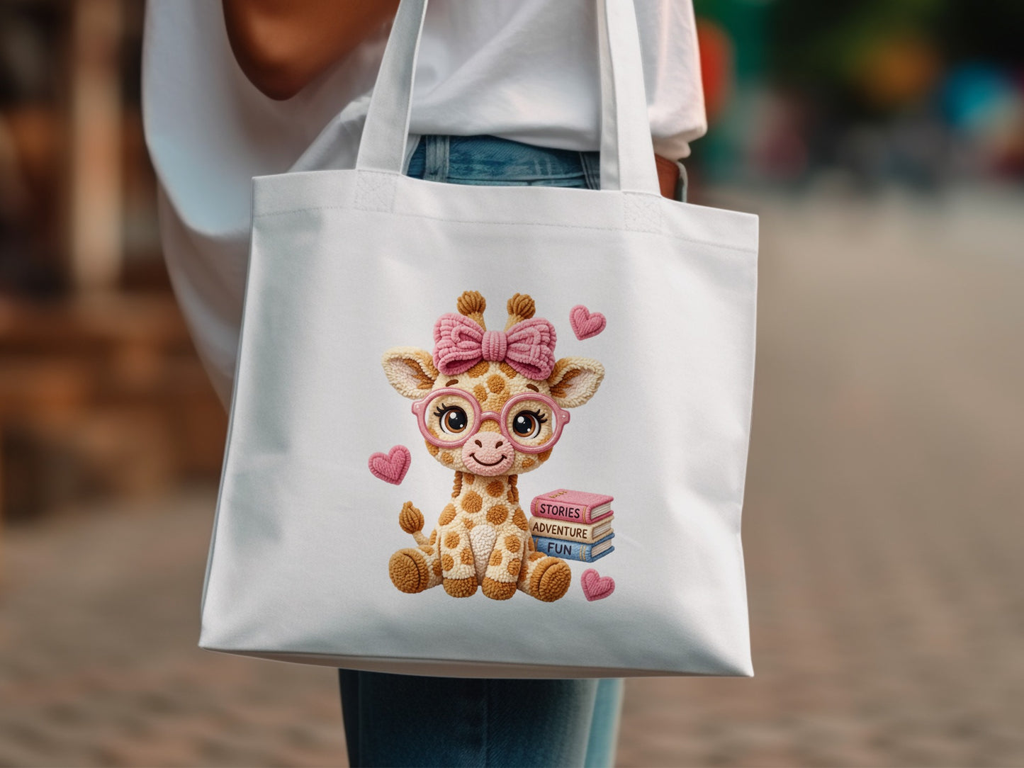 White tote bag with a cartoon giraffe wearing glasses and a bow.