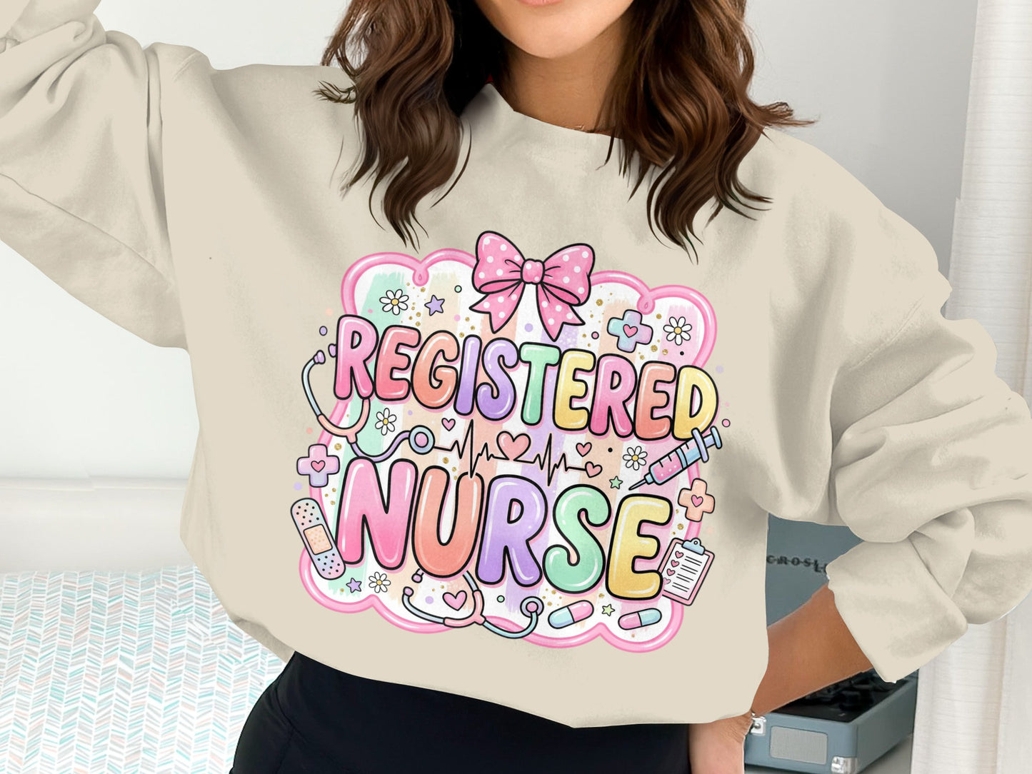 Registered Nurse graphic sweatshirt with medical icons and pastel colors.