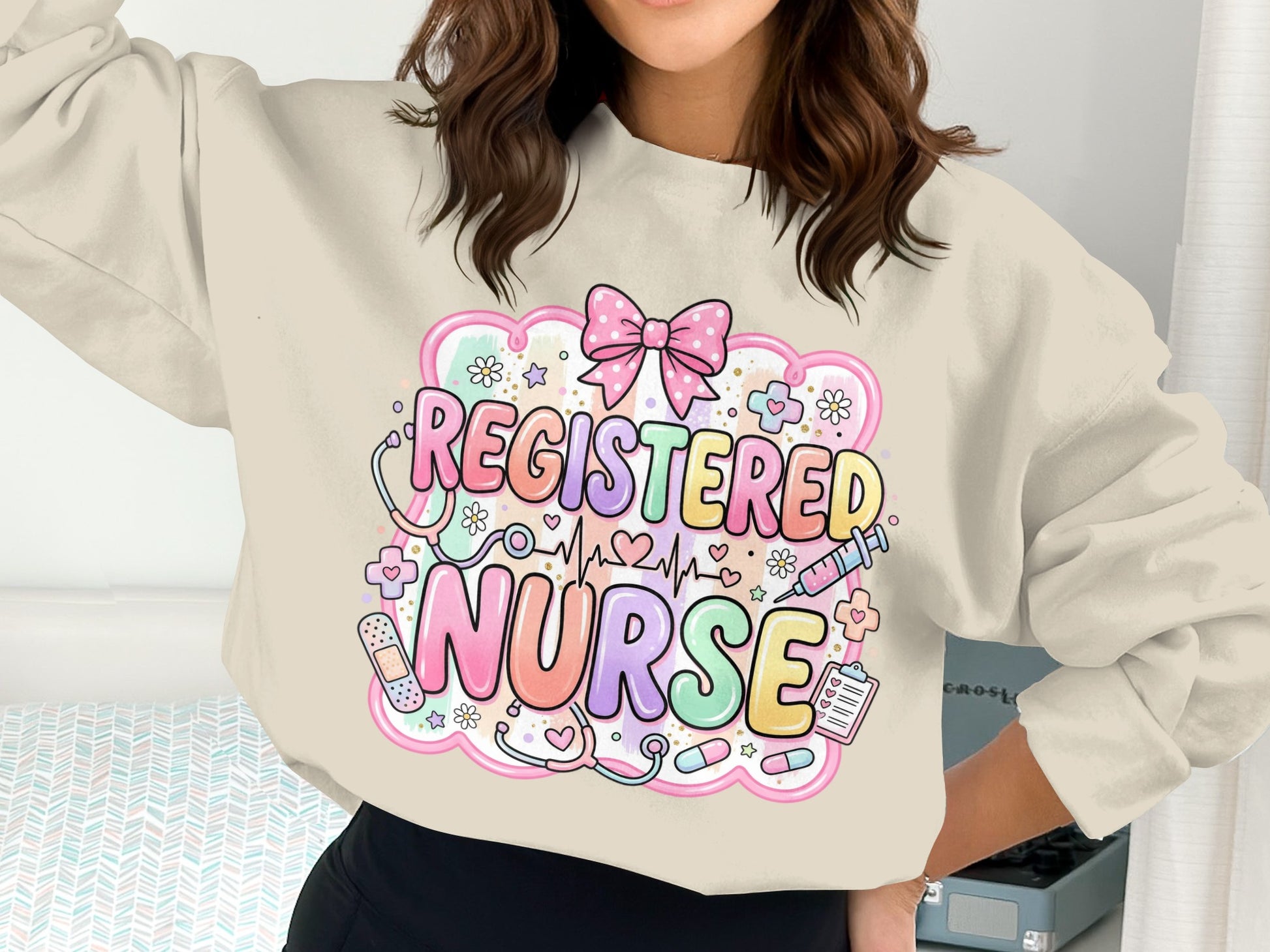 Registered Nurse graphic sweatshirt with medical icons and pastel colors.