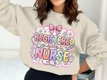Registered Nurse graphic sweatshirt with medical icons and pastel colors.