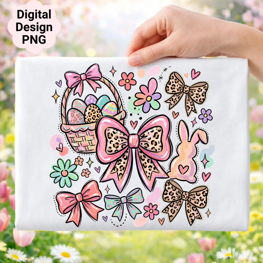 Easter basket, bunny, bows, and flowers digital design PNG.