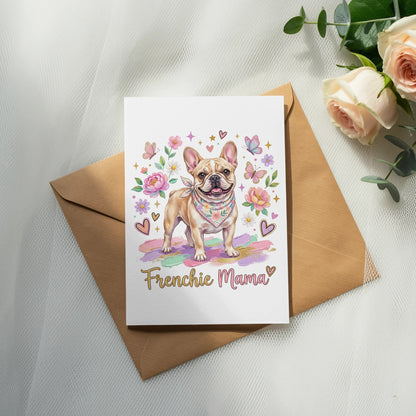 Frenchie Mama card with a happy French bulldog surrounded by flowers and butterflies.