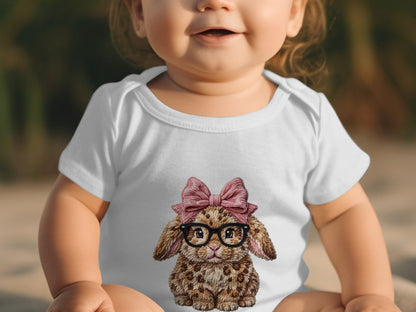 Baby in white onesie with a graphic of a bunny wearing glasses and a pink bow.