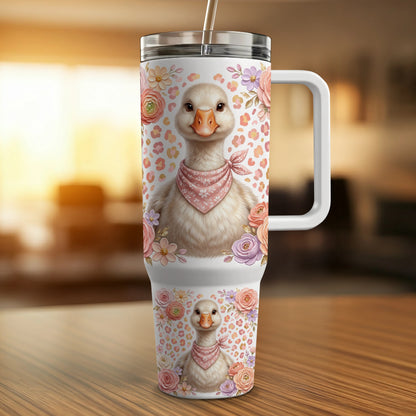 Goose with bandana and flowers design on white tumbler with handle and straw.