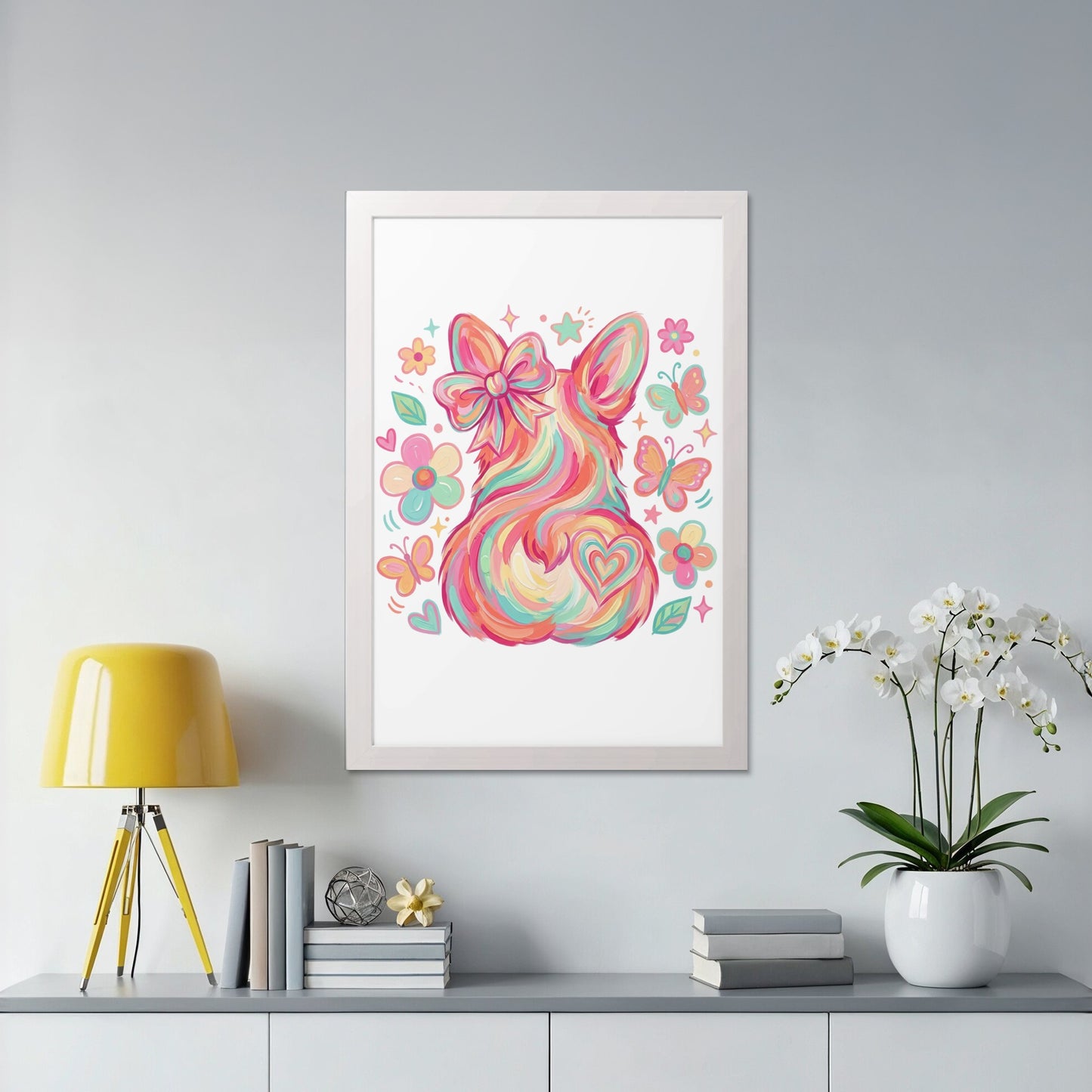 Colorful, whimsical dog art with bow, heart, and butterflies.
