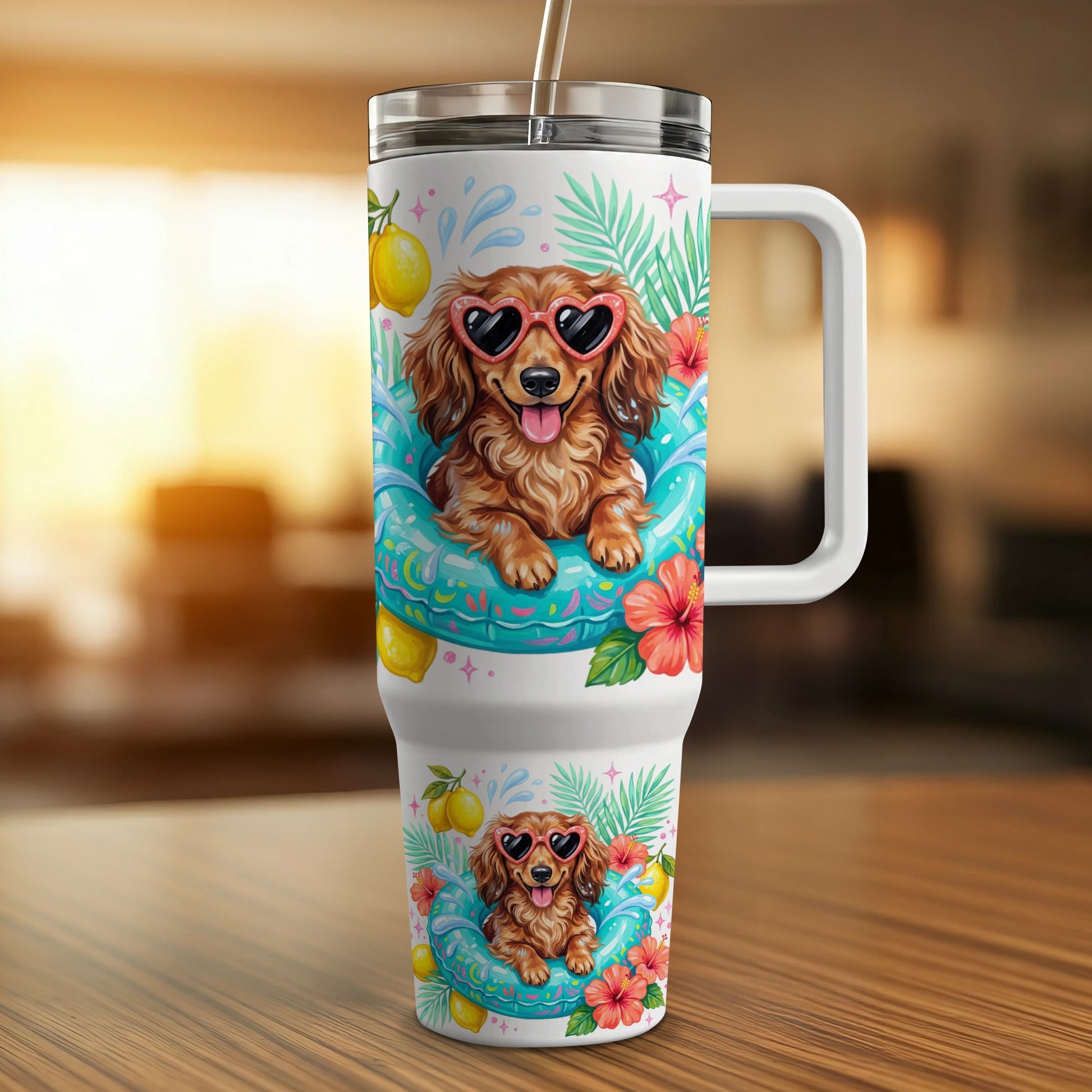 Dachshund in heart sunglasses on a tropical inner tube with lemons and flowers.