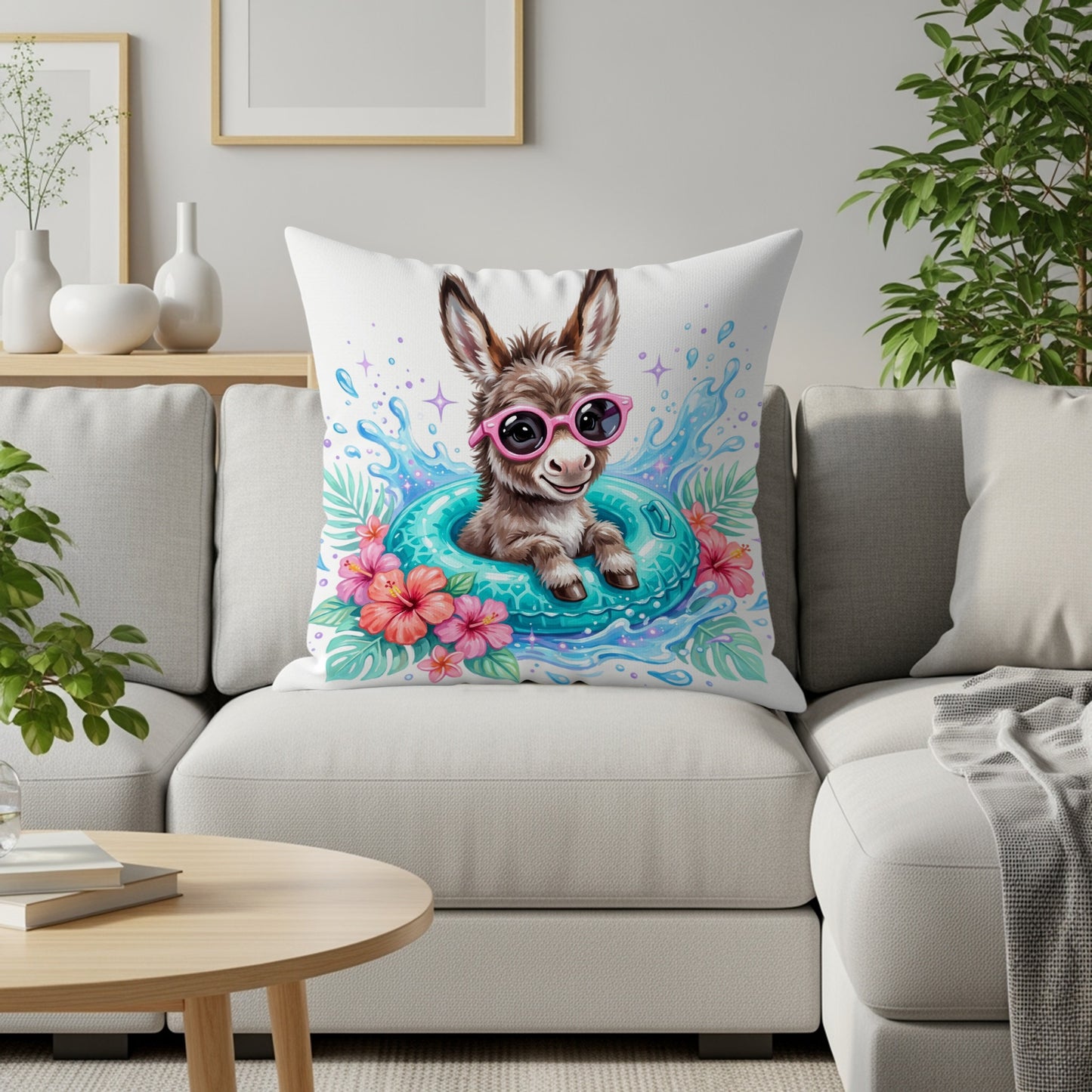 Donkey in a pool float with pink sunglasses and hibiscus flowers.