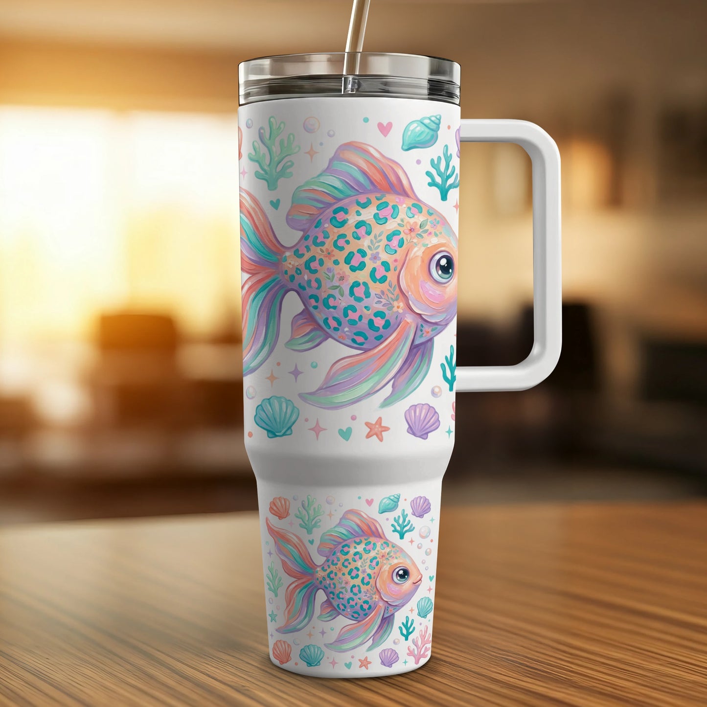 Tumbler with colorful goldfish and seashells pattern.