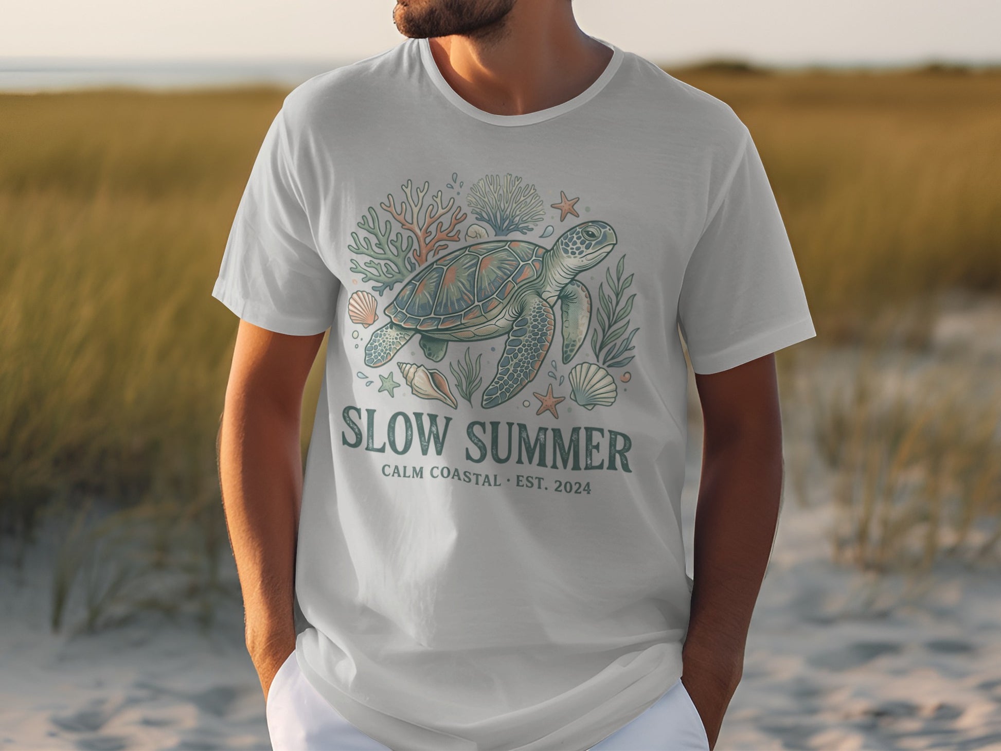 T-shirt with sea turtle and coral design, reads "Slow Summer".