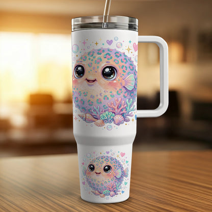 White tumbler with a cute pufferfish illustration and seashells.