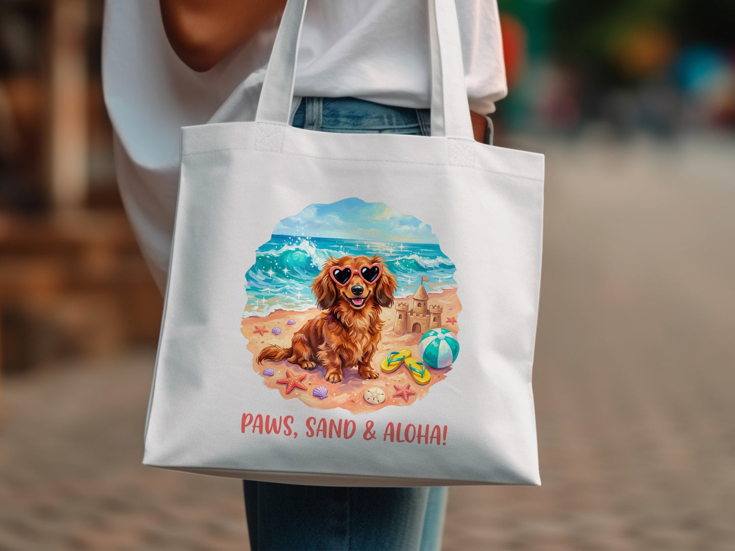 Dachshund in heart sunglasses on a beach with "Paws, Sand & Aloha!" text.