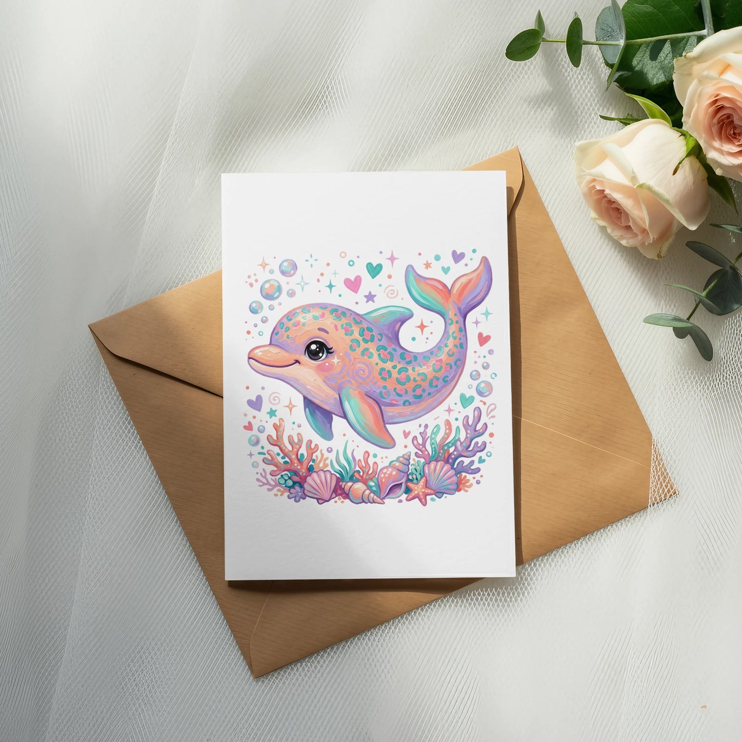 Whimsical dolphin illustration on a card, adorned with seashells and bubbles.