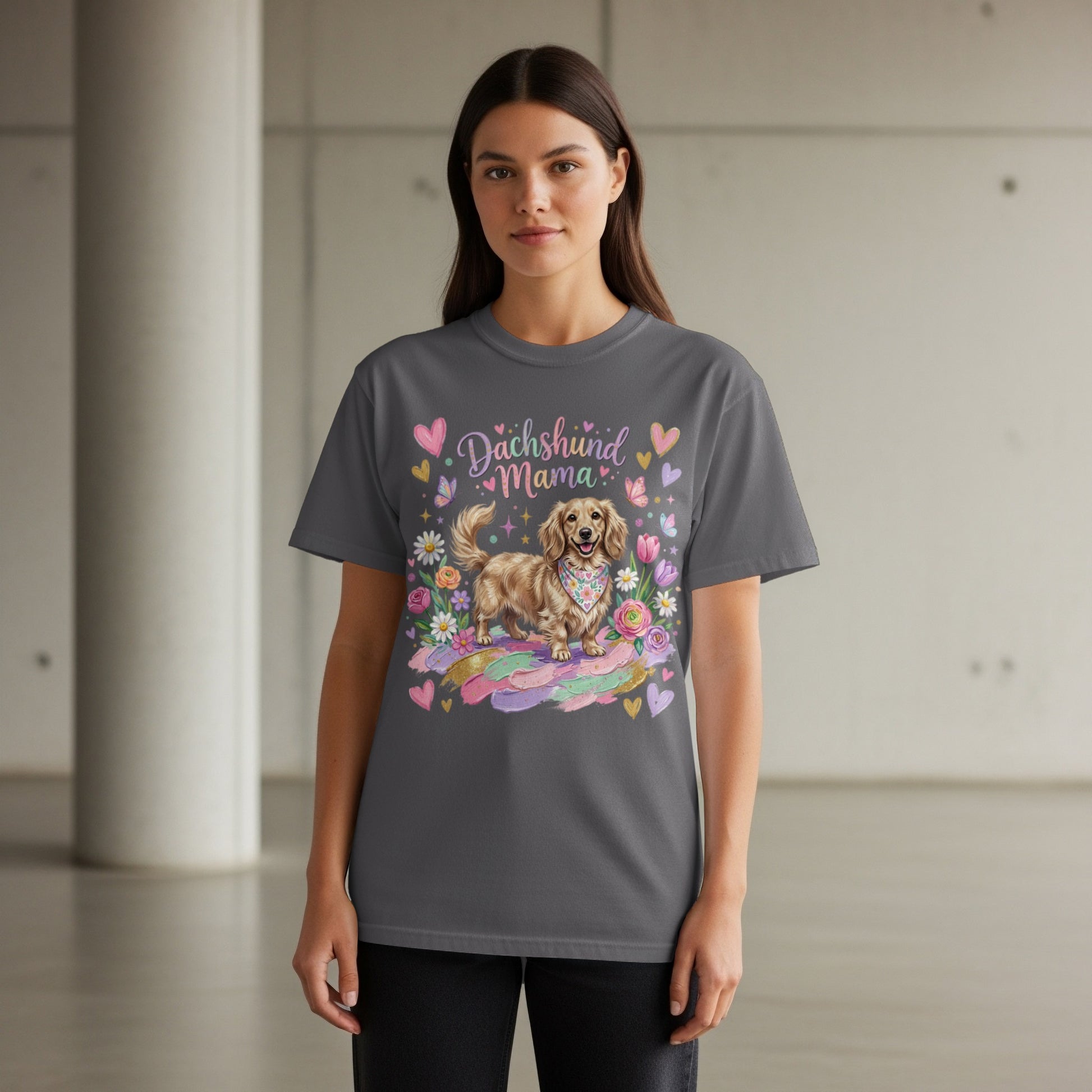 Dachshund Mama graphic with a dog, flowers, hearts, and feathers.