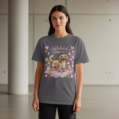 Dachshund Mama graphic with a dog, flowers, hearts, and feathers.