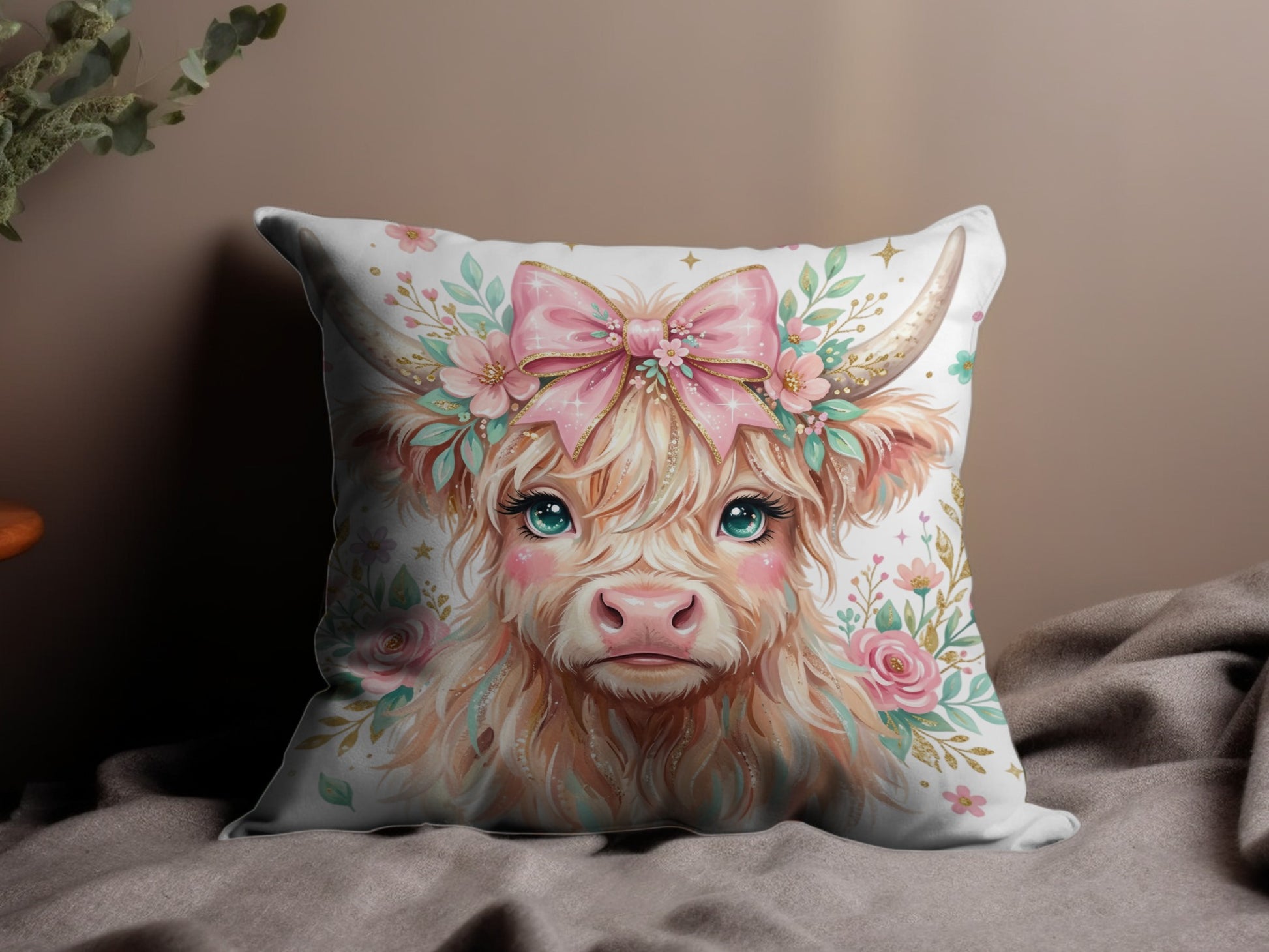 Watercolor Highland cow with flowers and pink bow, on a pillow.