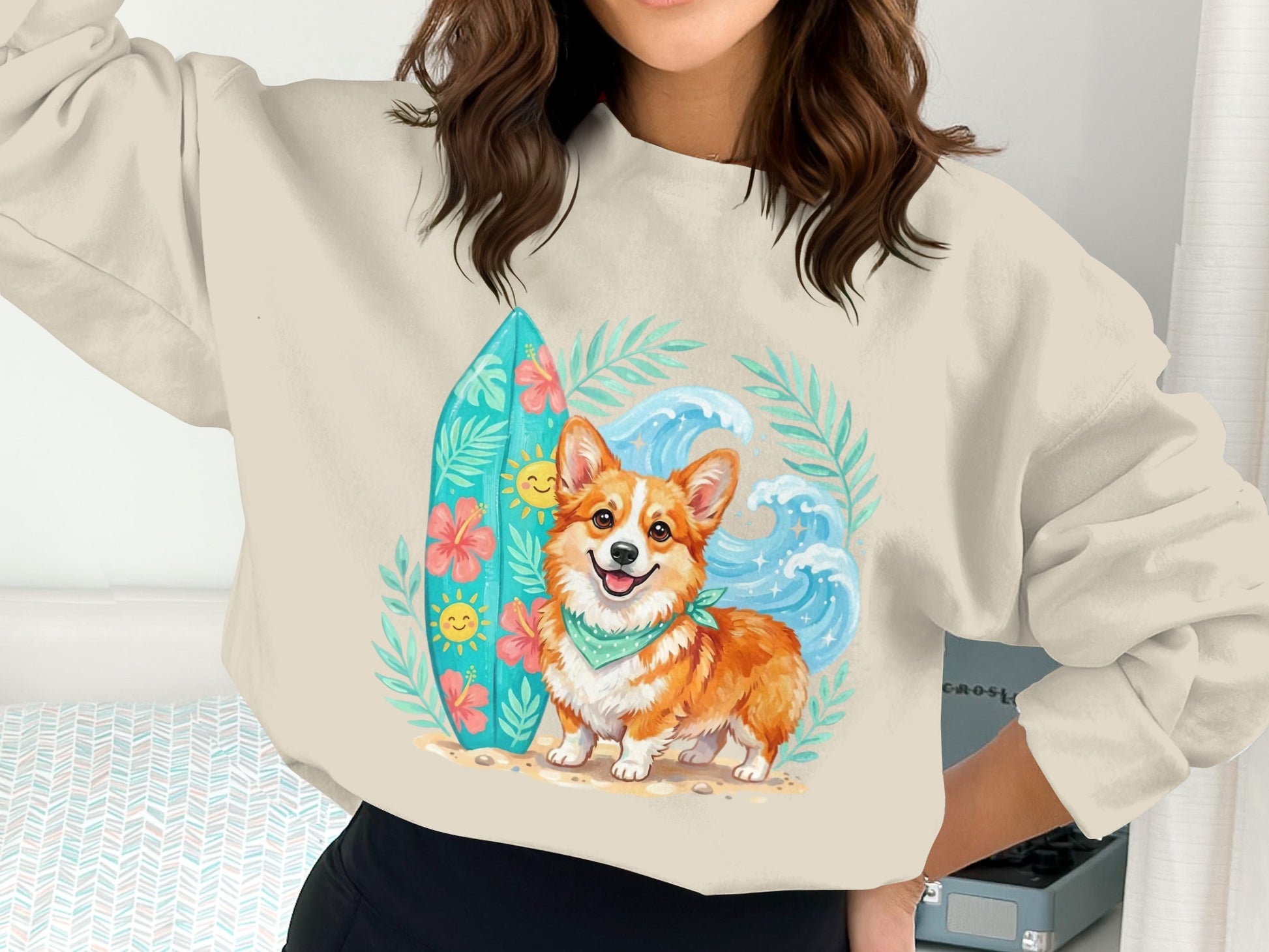 Corgi dog with bandana stands by a surfboard with flowers and waves.