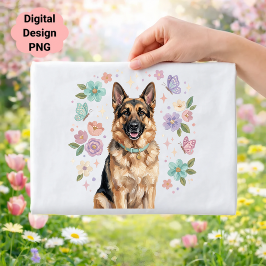 German Shepherd with pastel flowers and butterflies, digital design.