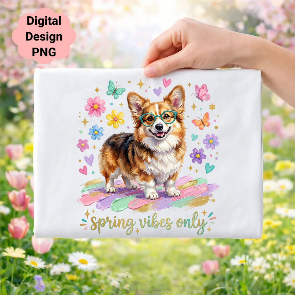 Corgi wearing glasses with "Spring vibes only" text and floral accents.