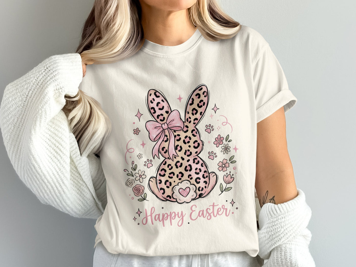 Pink leopard print bunny with bow, flowers, and "Happy Easter" text.