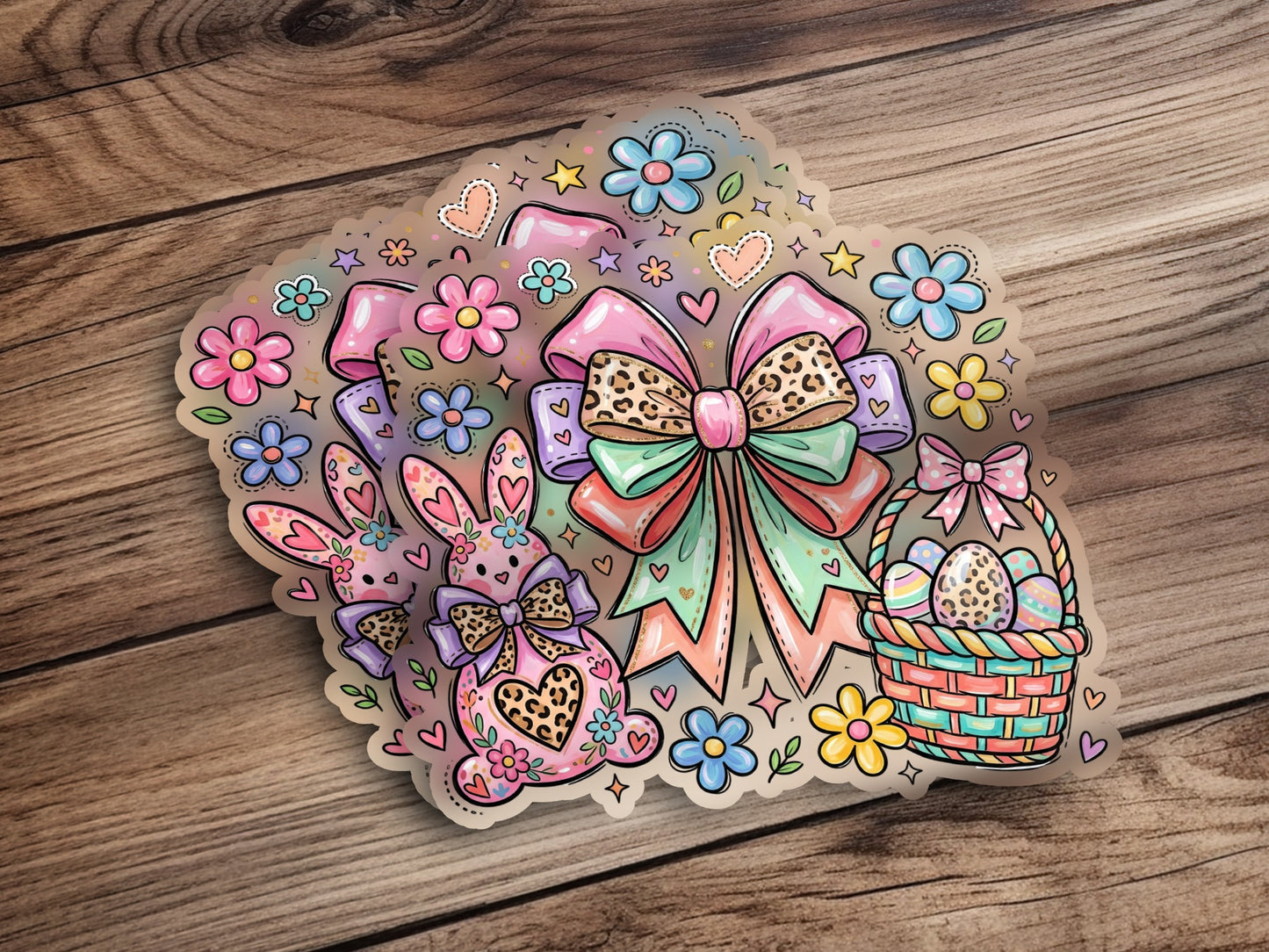 Easter stickers featuring bunnies, a basket of eggs, bows, and flowers on a wooden background.