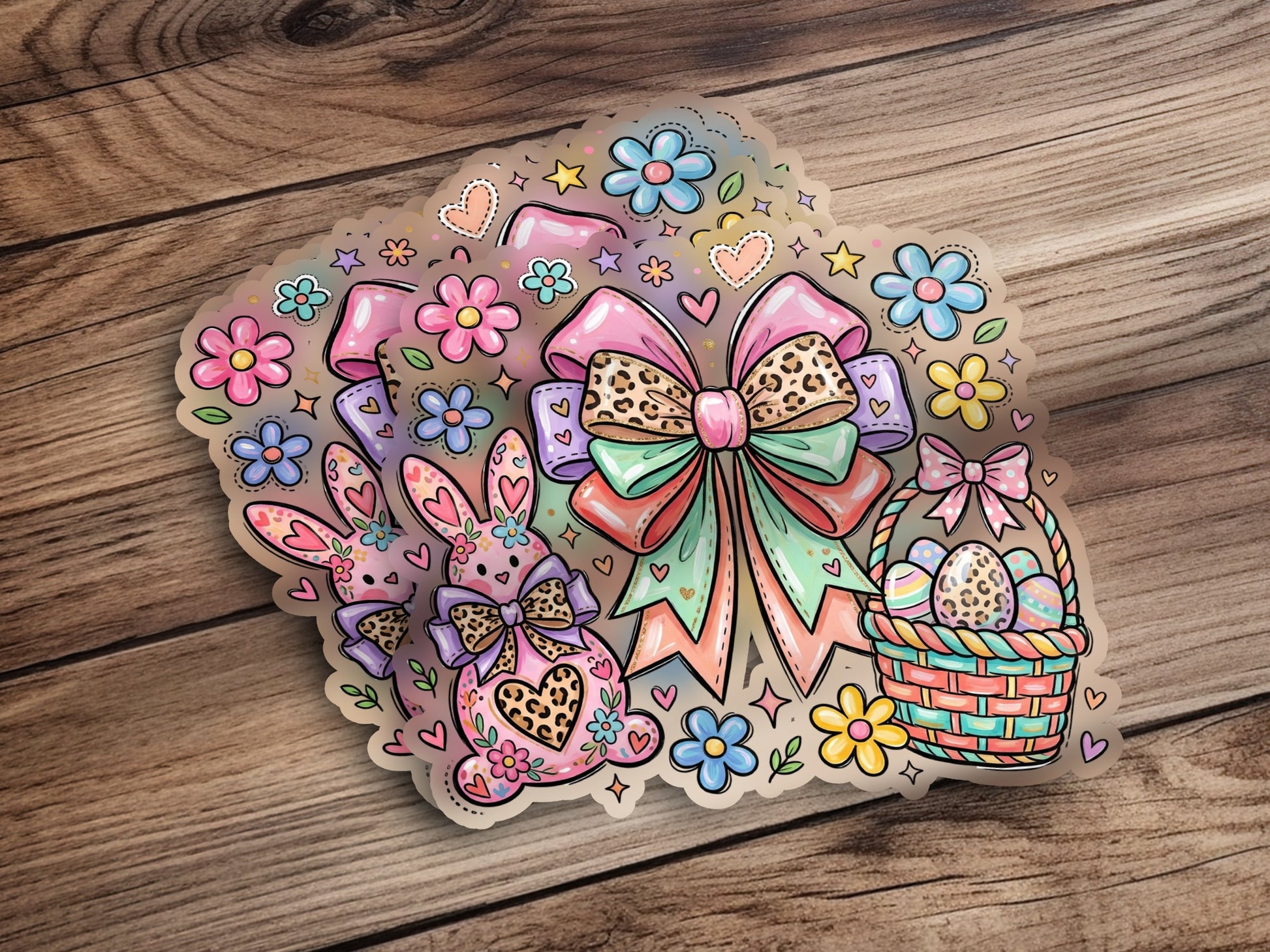 Easter stickers featuring bunnies, a basket of eggs, bows, and flowers on a wooden background.